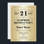 Invitación Surprise 21st Birthday - Gold Black<br><div class="desc">Sorpresa 21ª Invitación de fiesta de cumpleaños. Elegante diseño retro en oro y negro. Presenta una tipografía elegante y un Relieve metalizado de oro falso. ¡Salud a 21 años! Se puede personalizar a cualquier edad. Perfecto para una elegante celebración de cumpleaños sorpresa para adultos.</div>