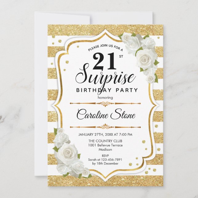 Invitación Surprise 21st Birthday - Gold White (Anverso)