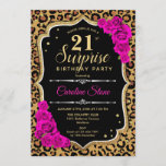 Invitación Surprise 21st Birthday - Leopard Black Gold Pink<br><div class="desc">Sorpresa Invitación a cumpleaños número 21. Diseño negro femenino, rosa caliente y oro falso purpurina. Presenta un patrón de cheetah de leopardo animal, rosas de fuchsia, tipo de letra de guión y confeti. Perfecto para una elegante fiesta de cumpleaños. Se puede personalizar para mostrar cualquier edad. Mándame un mensaje si...</div>