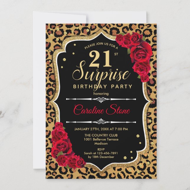 Invitación Surprise 21st Birthday - Leopard Black Gold Red (Anverso)