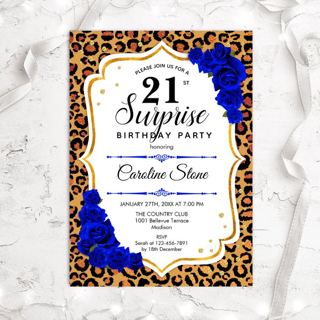 Invitación Surprise 21st Birthday - Leopard Gold Royal Blue (Subido por el creador)