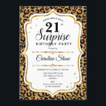 Invitación Surprise 21st Birthday - Leopard Gold White<br><div class="desc">Sorpresa Invitación a cumpleaños número 21. Diseño femenino con falso oro purpurina. Presenta papel de cheetah de leopardo animal,  letra de guión y confeti. Perfecto para una elegante fiesta de cumpleaños. Se puede personalizar para mostrar cualquier edad. Mándame un mensaje si necesitas más personalización.</div>