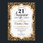 Invitación Surprise 21st Birthday - Leopard Gold White<br><div class="desc">Sorpresa Invitación a cumpleaños número 21. Diseño femenino con falso oro purpurina. Presenta papel de cheetah de leopardo animal,  letra de guión y confeti. Perfecto para una elegante fiesta de cumpleaños. Se puede personalizar para mostrar cualquier edad. Mándame un mensaje si necesitas más personalización.</div>
