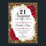 Invitación Surprise 21st Birthday - Leopard Gold White Red<br><div class="desc">Sorpresa Invitación a cumpleaños número 21. Diseño rojo feminista,  blanco con oro falso purpurina. Presenta un patrón de cheetah de leopardo animal,  rosas rojas,  tipografía de guión y confeti. Perfecto para una elegante fiesta de cumpleaños. Se puede personalizar para mostrar cualquier edad. Mándame un mensaje si necesitas más personalización.</div>