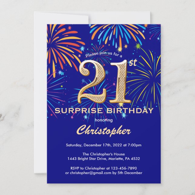 Invitación Surprise 21st Birthday Navy Blue & Gold Firework (Anverso)