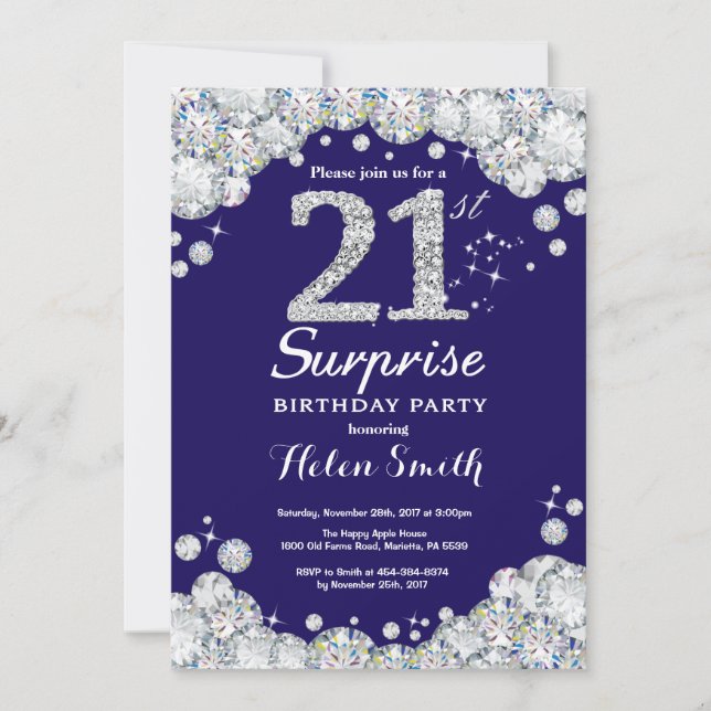 Invitación Surprise 21st Birthday Navy Blue Silver Diamante (Anverso)