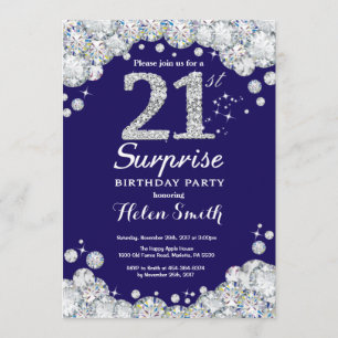 Invitación Surprise 21st Birthday Navy Blue Silver Diamante