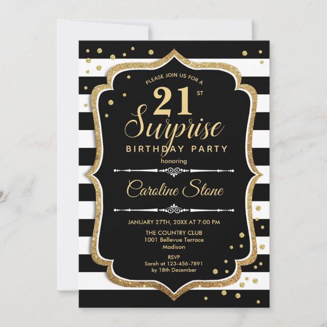 Invitación Surprise 21st Birthday - Oro Blanco Negro (Anverso)