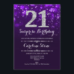 Invitación Surprise 21st Birthday - Plata Púrpura<br><div class="desc">Sorpresa Invitación a cumpleaños número 21. Elegante diseño morado con una falsa plata purpurina. Cumpleaños de adultos. Incluye diamantes,  luces de bokeh y fuente de guiones. Invitación de cumpleaños de hombres o mujeres. Perfecto para una elegante fiesta de cumpleaños. Mándame un mensaje si necesitas más personalización.</div>