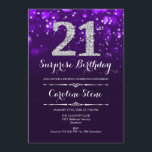 Invitación Surprise 21st Birthday - Plata Púrpura<br><div class="desc">Sorpresa Invitación a cumpleaños número 21. Elegante diseño morado con una falsa plata purpurina. Cumpleaños de adultos. Incluye diamantes,  luces de bokeh y fuente de guiones. Invitación de cumpleaños de hombres o mujeres. Perfecto para una elegante fiesta de cumpleaños. Mándame un mensaje si necesitas más personalización.</div>