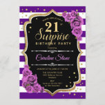 Invitación Surprise 21st Birthday - Purple Gold<br><div class="desc">Sorpresa Invitación a cumpleaños número 21. Diseño de oro negro púrpura femenino con oro falso purpurina. Cuenta con rayas,  rosas púrpura,  fuente de guiones y confeti. Perfecto para una elegante fiesta de cumpleaños. Se puede personalizar para mostrar cualquier edad. Mándame un mensaje si necesitas más personalización.</div>