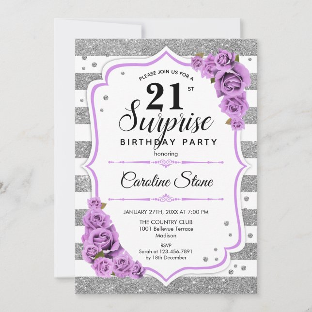 Invitación Surprise 21st Birthday - Púrpura Blanco Plateado (Anverso)