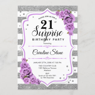 Invitación Surprise 21st Birthday - Púrpura Blanco Plateado