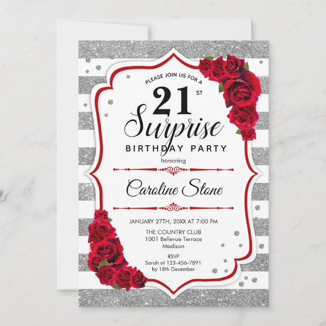 Invitación Surprise 21st Birthday - Red Blanco Plateado (Anverso)