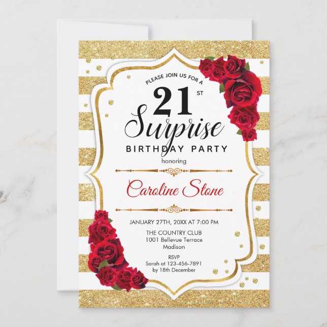 Invitación Surprise 21st Birthday - Rojo blanco dorado (Anverso)