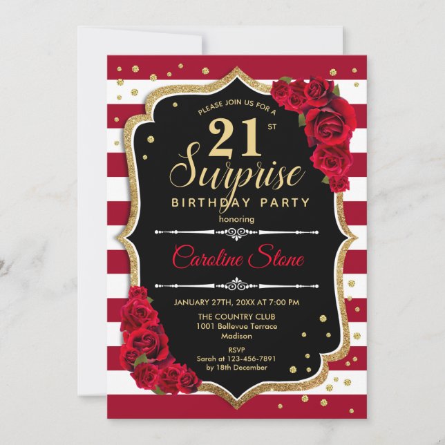 Invitación Surprise 21st Birthday - Rojo Blanco Negro (Anverso)