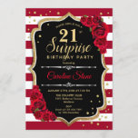 Invitación Surprise 21st Birthday - Rojo Blanco Negro<br><div class="desc">Sorpresa Invitación a cumpleaños número 21. Diseño rojo,  blanco y negro femenino con oro falso purpurina. Presenta rayas borgoñas y blancas,  rosas rojas,  letra de guión y confeti. Perfecto para una elegante fiesta de cumpleaños. Se puede personalizar para mostrar cualquier edad. Mándame un mensaje si necesitas más personalización.</div>