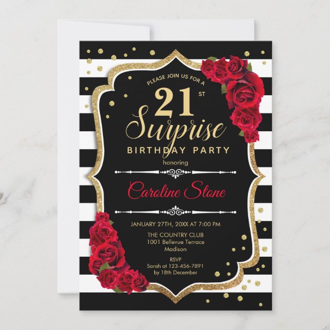 Invitación Surprise 21st Birthday - Rojo Blanco Negro (Anverso)