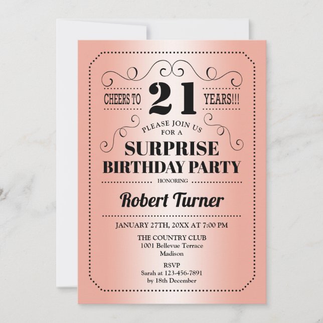 Invitación Surprise 21st Birthday - Rosa Gold Black (Anverso)
