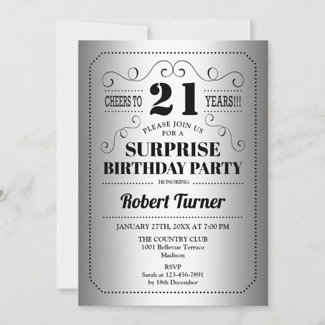 Invitación Surprise 21st Birthday - Silver Black (Anverso)
