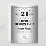 Invitación Surprise 21st Birthday - Silver Black<br><div class="desc">Sorpresa 21ª Invitación de fiesta de cumpleaños. Elegante diseño retro en plata y negro. Presenta una tipografía elegante y un Relieve metalizado falso plateado. ¡Salud a 21 años! Se puede personalizar a cualquier edad. Perfecto para una elegante celebración de cumpleaños sorpresa para adultos.</div>