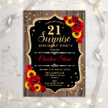 Invitación Surprise 21st Birthday - Sombras de Madera Rústica<br><div class="desc">Sorpresa Invitación a cumpleaños número 21. Diseño femenino rústico, blanco, rojo y negro con el oro falso purpurina. Presenta un patrón de madera, rosas rojas, girasoles, fuente de escritura y confeti. Perfecto para una elegante fiesta de cumpleaños. Se puede personalizar para mostrar cualquier edad. Mándame un mensaje si necesitas más...</div>