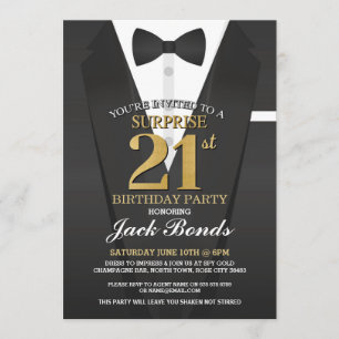 Invitación Surprise 21st Birthday Spy Suite Black Gold Tuxedo