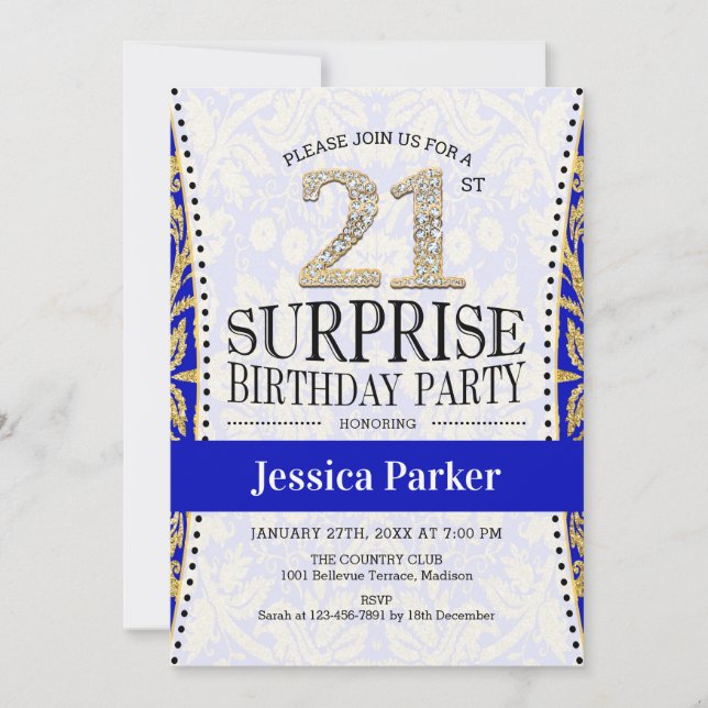 Invitación Surprise 21st Birthday - White Gold Royal Blue (Anverso)