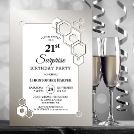 Invitación Surprise 21st Silver Geometric Birthday Party
