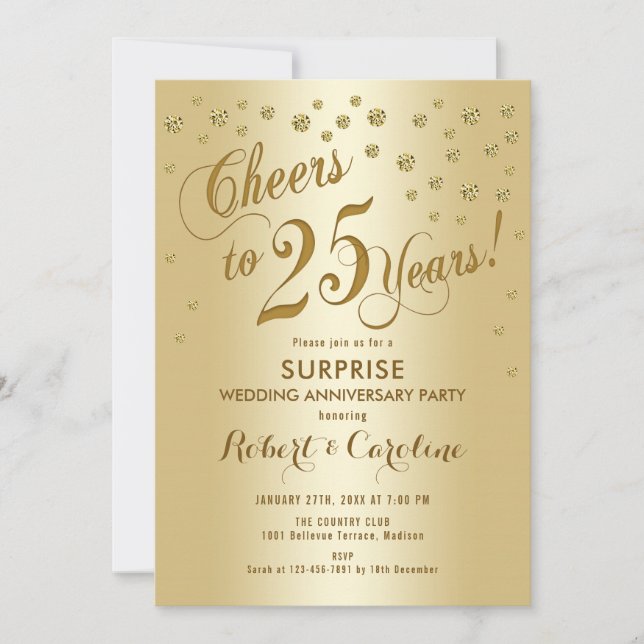 Invitación Surprise 25th Aniversario Boda - Oro (Anverso)