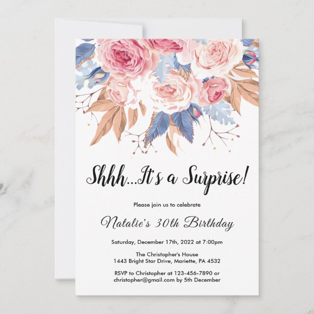Invitación Surprise 30.ª acuarela Botánica Floral (Anverso)