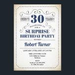 Invitación Surprise 30th Birthday - Blanco Azul de la Marina<br><div class="desc">Sorpresa 30 cumpleaños Invitación Retro diseño en blanco azul marino con fondo cremoso vintage. ¡Salud a 30 años! También se puede personalizar en cualquier año.</div>