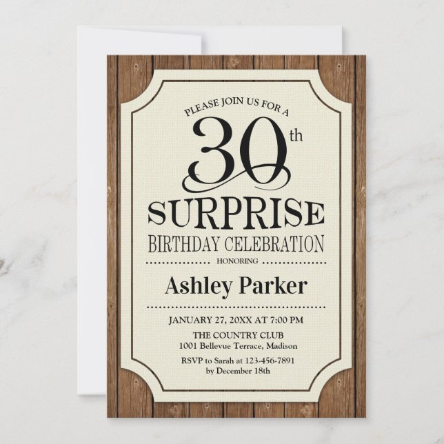 Invitación Surprise 30th Birthday Fiesta - Patrón de madera (Anverso)