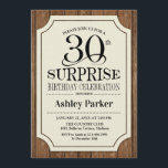 Invitación Surprise 30th Birthday Fiesta - Patrón de madera<br><div class="desc">Invitación a la celebración de cumpleaños número 30 de una sorpresa rústica. Elegante diseño de estilo elegante con madera marrón oscura y motivos de burrega. Presenta un elegante tipo de letra de guión negro. Mándame un mensaje si necesitas más personalización.</div>