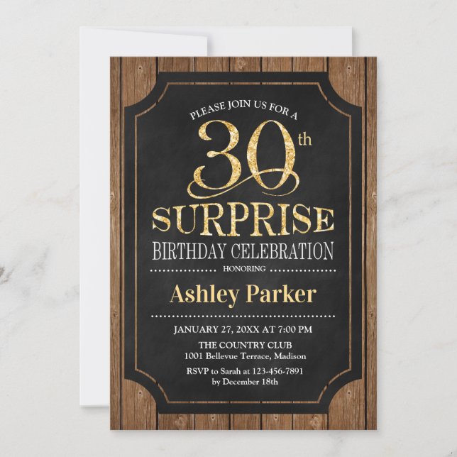 Invitación Surprise 30th Birthday Fiesta - Wood Gold (Anverso)