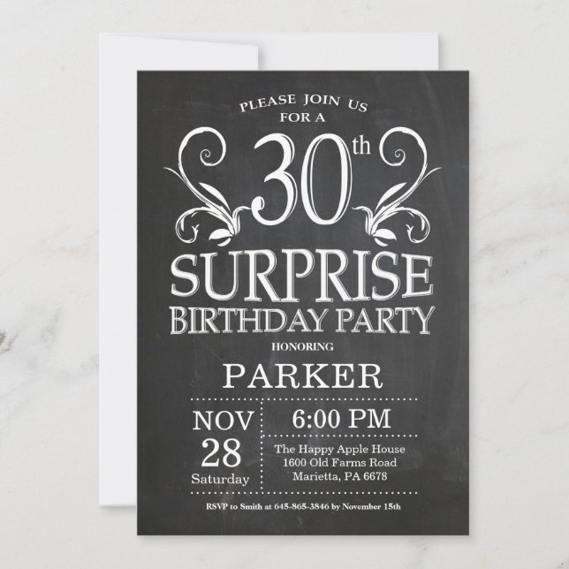 Invitación Surprise 30th Birthday Invitation Chalkboard (Anverso)