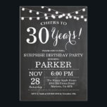 Invitación Surprise 30th Birthday Invitation Chalkboard<br><div class="desc">Surprise 30th Birthday Invitation Chalkboard Fondo con String Lights. Blanco y negro. 13.º 15.º 16.º 18.º 20.21.30.40.50.60.70.80.90.100,  cualquier edad. Cumpleaños de adultos. Fiesta de cumpleaños de hombre o mujer. Para una mayor personalización,  haga clic en el botón "Personalizar" y utilice nuestra herramienta de diseño para modificar esta plantilla.</div>