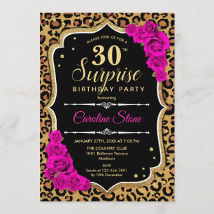 Invitación Surprise 30th Birthday - Leopard Black Gold Pink