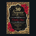 Invitación Surprise 30th Birthday - Leopard Black Gold Red<br><div class="desc">Sorpresa Invitación a los 30 Años. Diseño rojo y negro femenino con oro falso purpurina. Presenta un patrón de cheetah de leopardo animal, rosas rojas, tipografía de guión y confeti. Perfecto para una elegante fiesta de cumpleaños. Se puede personalizar para mostrar cualquier edad. Mándame un mensaje si necesitas más personalización....</div>