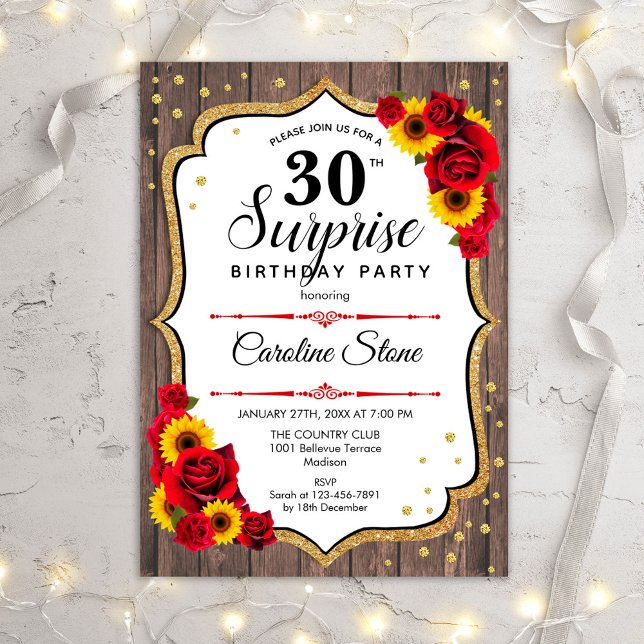 Invitación Surprise 30th Birthday - Madera Rústica Sunflowers (Subido por el creador)