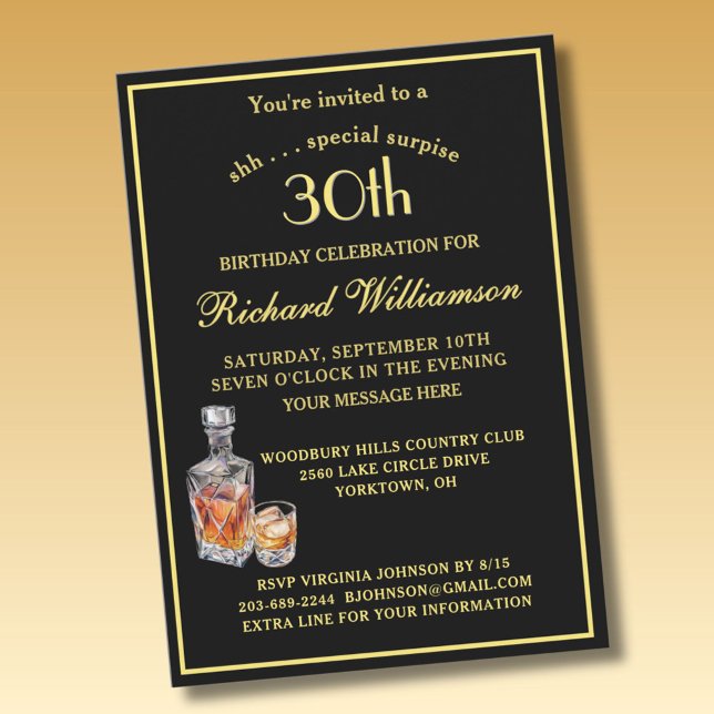 Invitación SURPRISE 30th Birthday Party Classic Black Gold  (Subido por el creador)