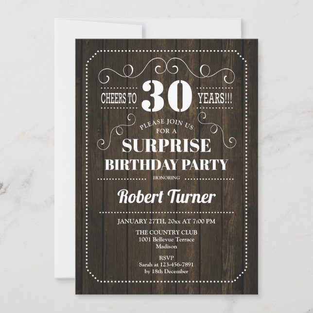 Invitación Surprise 30th Birthday - Patrón de madera (Anverso)