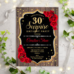 Invitación Surprise 30th Birthday - Rústico Roses Rojos de Ma<br><div class="desc">Sorpresa Invitación a los 30 Años. Diseño femenino rústico, blanco, rojo y negro con el oro falso purpurina. Presenta un patrón de madera, rosas rojas, letra de guión y confeti. Perfecto para una elegante fiesta de cumpleaños. Se puede personalizar para mostrar cualquier edad. Mándame un mensaje si necesitas más personalización....</div>
