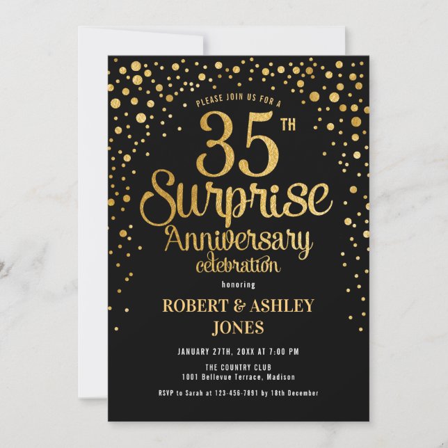 Invitación Surprise 35th Aniversario Boda - Negro y Oro (Anverso)