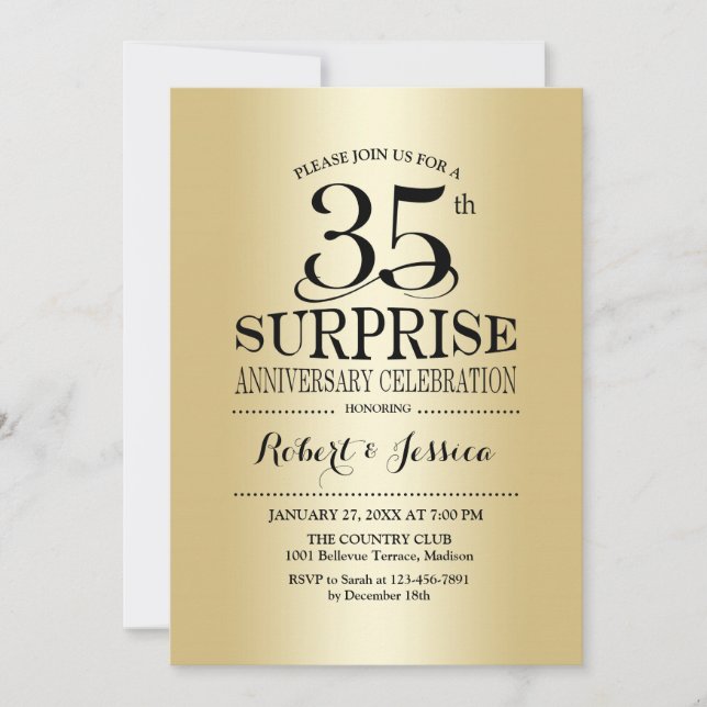 Invitación Surprise 35th Aniversario Boda - Oro (Anverso)