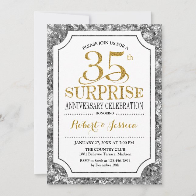 Invitación Surprise 35th Aniversario Boda - Silver Gold (Anverso)