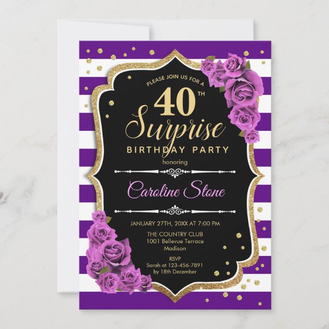 Invitación Surprise 40 cumpleaños - Purple Gold (Anverso)