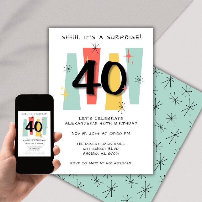 Invitación Surprise 40 cumpleaños Retro Medio siglo Moderno (Subido por el creador)