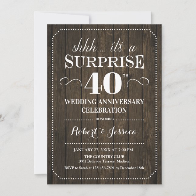 Invitación Surprise 40th Aniversario Boda - Madera Rústica (Anverso)