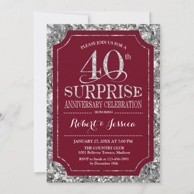Invitación Surprise 40th Aniversario Boda - Plata Roja (Anverso)
